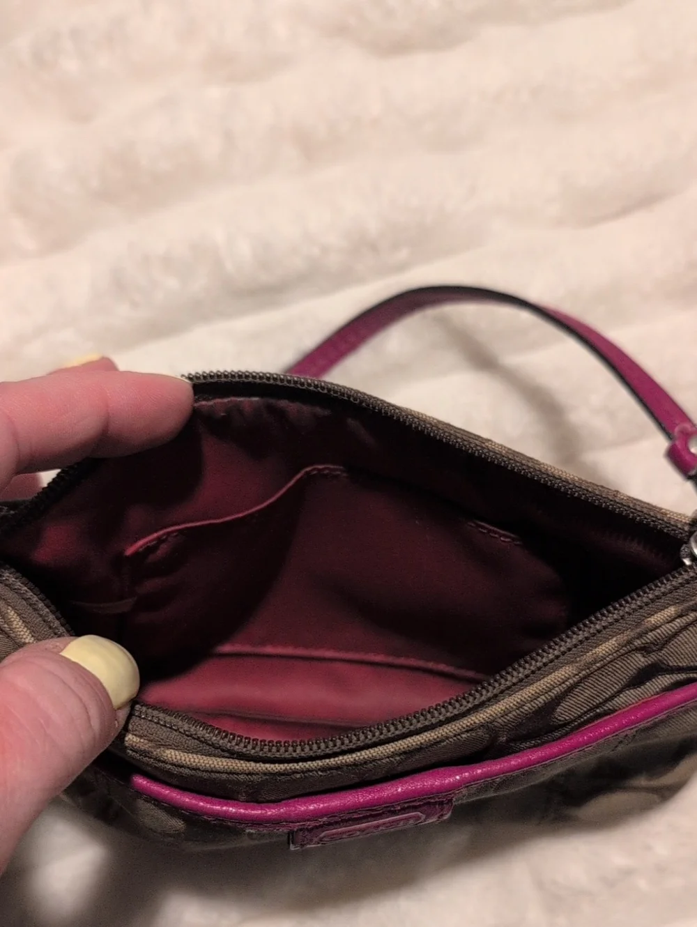 Coach Brown Signature Wristlet with Pink Trim